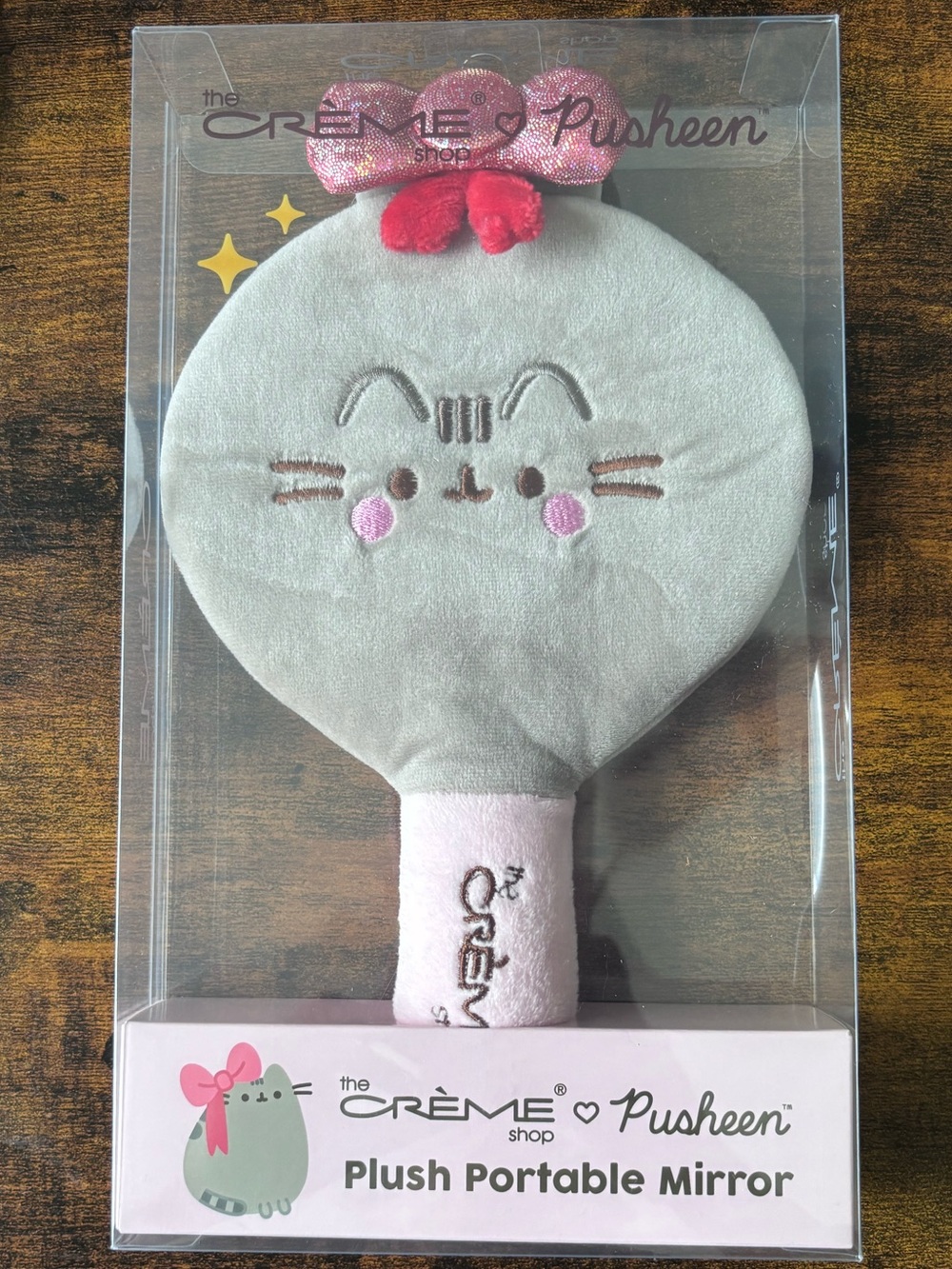 The Crème Shop x Pusheen Plush Portable Mirror — Gray with Pink Accents